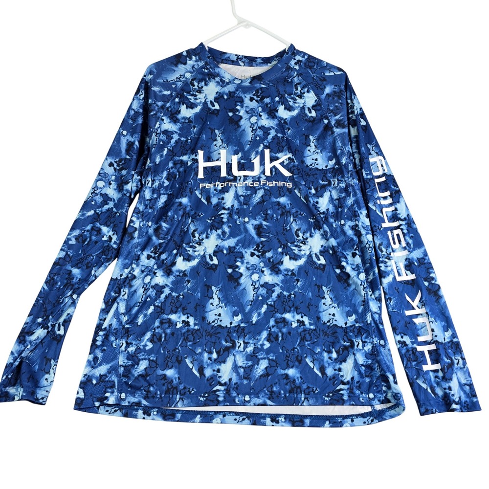 Huk Performance Fishing Shirt Mens Med Blue Camo Long Sleeve Breathable Mesh